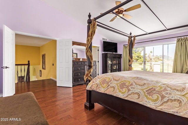 bedroom featuring visible vents, wood finished floors, access to outside, a ceiling fan, and vaulted ceiling