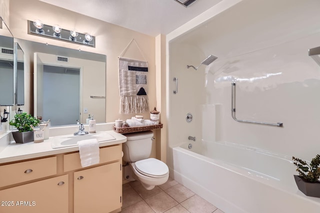 full bathroom with tile patterned flooring, visible vents, toilet, vanity, and  shower combination