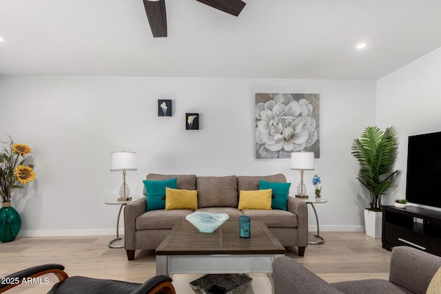 855 S Revolta Cir, Mesa, AZ 85208 - living area featuring baseboards, recessed lighting, a ceiling fan, and wood finished floors