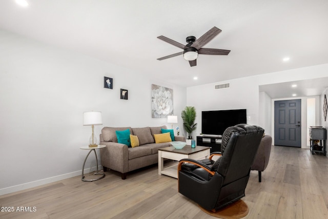 855 S Revolta Cir, Mesa, AZ 85208 - living area with visible vents, light wood-style flooring, a ceiling fan, and recessed lighting
