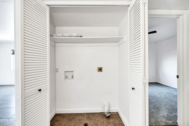 washroom with hookup for a washing machine, dark colored carpet, and hookup for an electric dryer