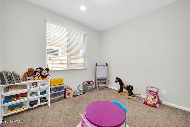 playroom with carpet flooring, baseboards, and recessed lighting