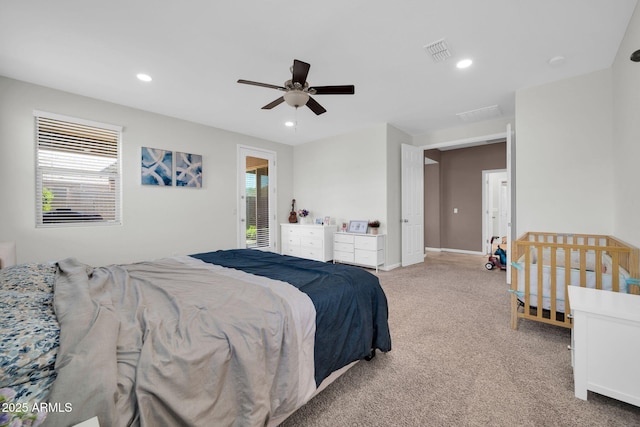 bedroom with carpet flooring, a ceiling fan, baseboards, visible vents, and recessed lighting