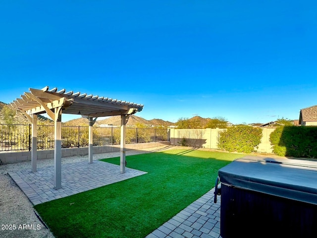 view of yard with a pergola, a fenced backyard, and a patio area