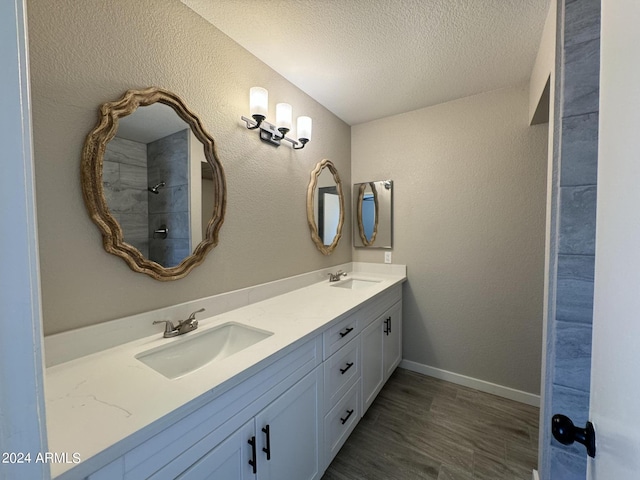 bathroom with vanity, a textured ceiling, and hardwood / wood-style flooring