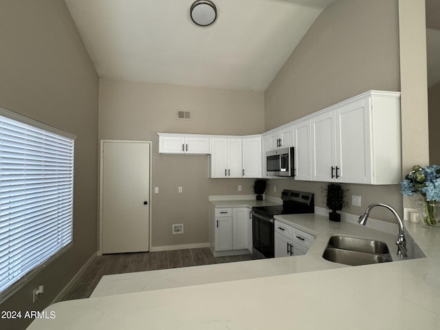 kitchen featuring white cabinetry, sink, stainless steel appliances, high vaulted ceiling, and kitchen peninsula