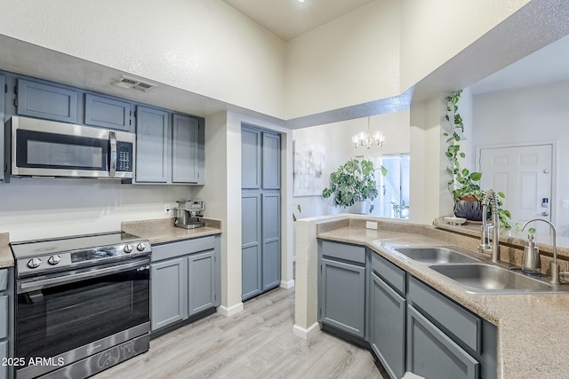 1331 W Baseline Rd Unit 360, Mesa, AZ 85202 - kitchen with stainless steel appliances, light wood-type flooring, a chandelier, light countertops, and hanging light fixtures
