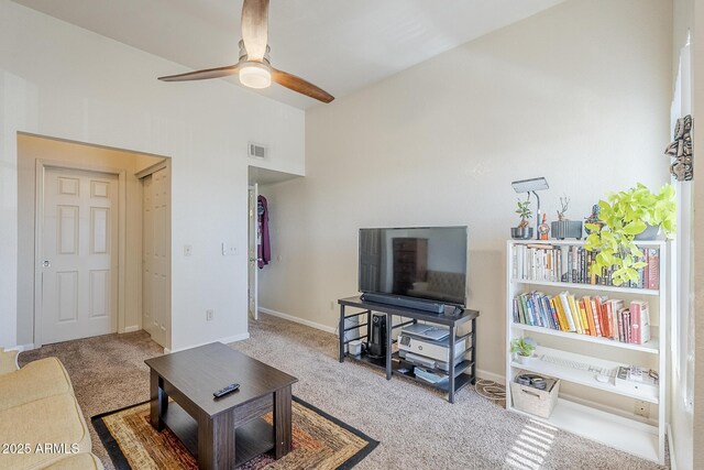1331 W Baseline Rd Unit 360, Mesa, AZ 85202 - living area featuring carpet floors, ceiling fan, and high vaulted ceiling