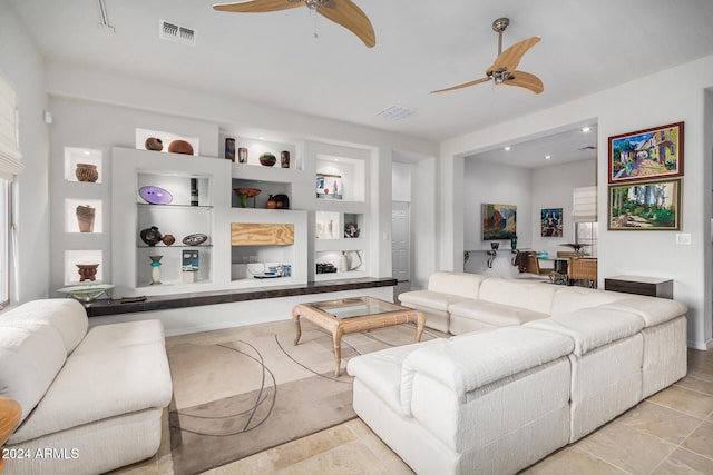 living room with built in shelves