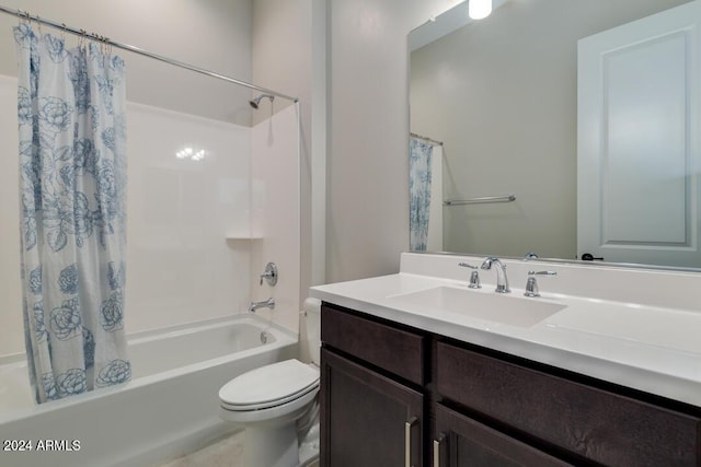 full bath featuring shower / bath combination with curtain, toilet, and vanity