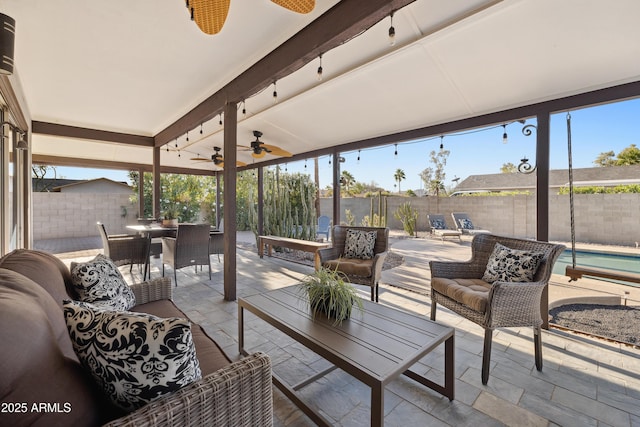 5802 E Spring Rd, Scottsdale, AZ 85254 - view of patio featuring outdoor lounge area, ceiling fan, outdoor dining area, and a fenced backyard
