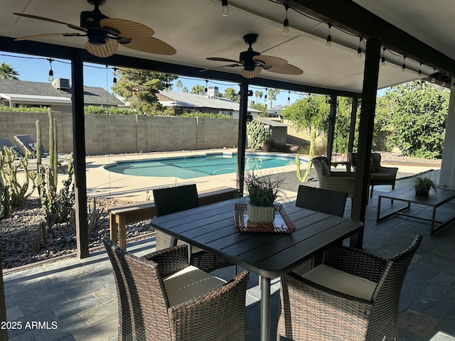 5802 E Spring Rd, Scottsdale, AZ 85254 - view of patio featuring ceiling fan, a fenced backyard, and outdoor dining space