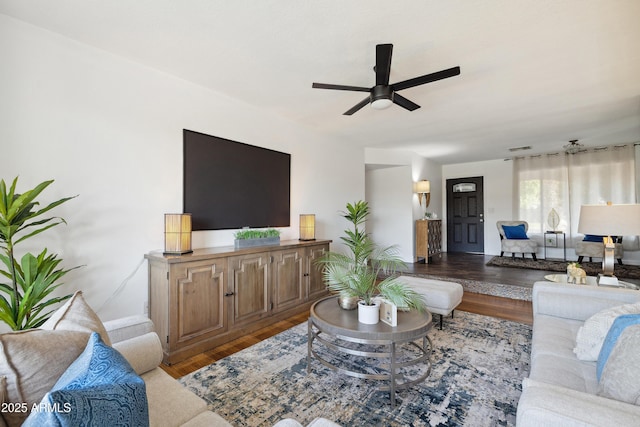5802 E Spring Rd, Scottsdale, AZ 85254 - living room featuring wood finished floors and ceiling fan