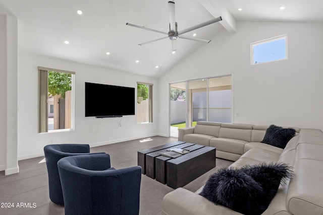 tiled living room featuring high vaulted ceiling, beam ceiling, and ceiling fan