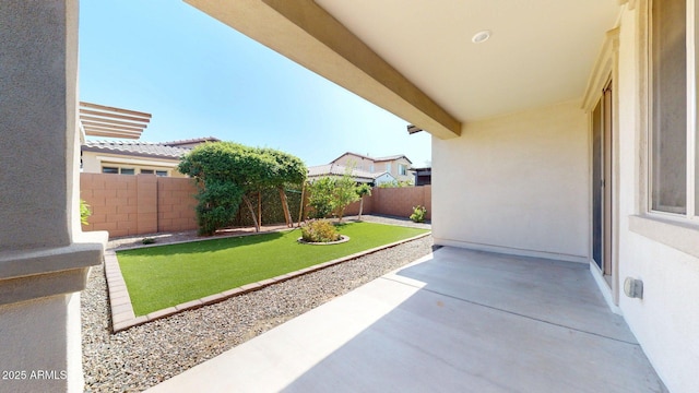 view of yard with a fenced backyard and a patio area