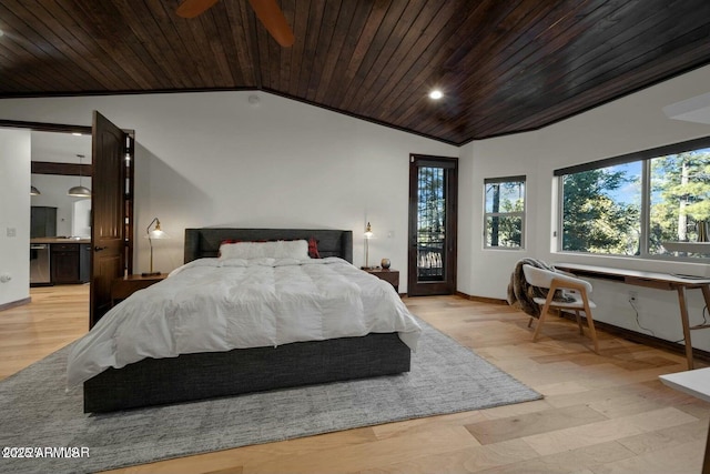 bedroom featuring lofted ceiling, wooden ceiling, baseboards, access to exterior, and light wood finished floors