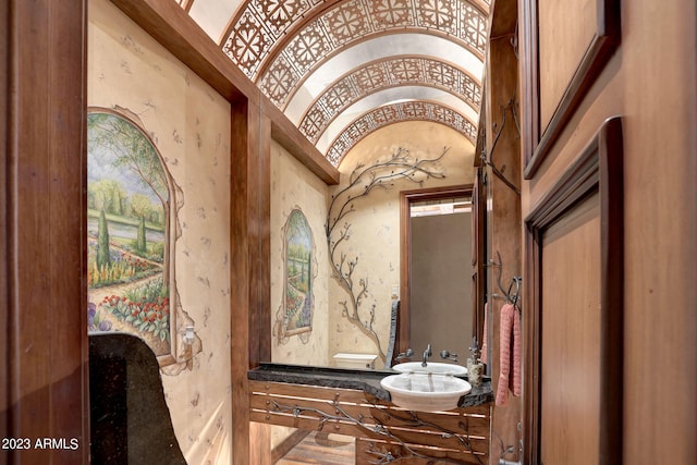 bathroom featuring sink, a towering ceiling, and toilet