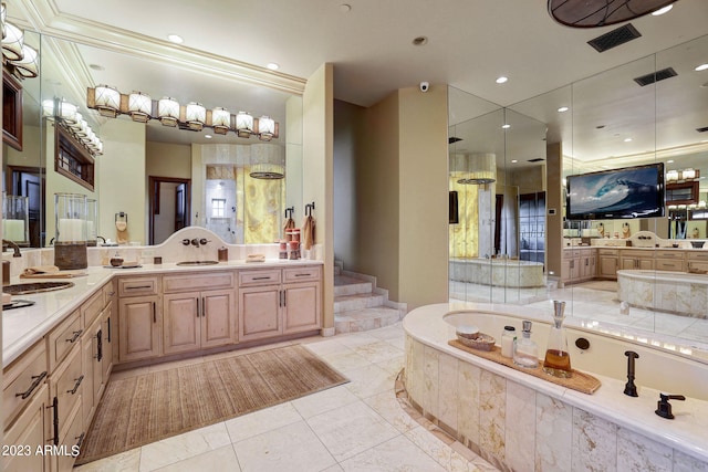 bathroom with tiled tub, tile flooring, vanity, and crown molding