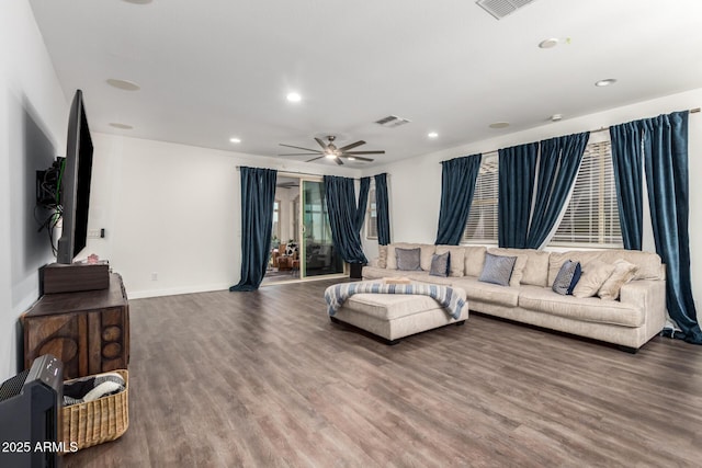 5897 N 195th Dr, Litchfield Park, AZ 85340 - living room featuring wood finished floors, recessed lighting, a ceiling fan, and baseboards