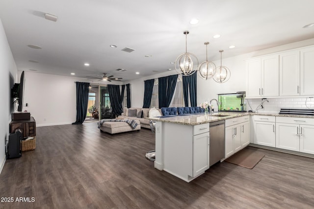 5897 N 195th Dr, Litchfield Park, AZ 85340 - kitchen featuring a sink, stainless steel dishwasher, a chandelier, dark wood-style flooring, and recessed lighting