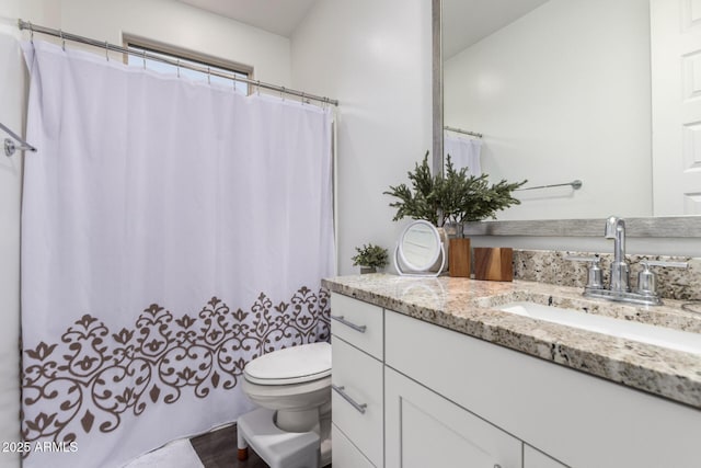5897 N 195th Dr, Litchfield Park, AZ 85340 - bathroom featuring vanity, toilet, curtained shower, and lofted ceiling