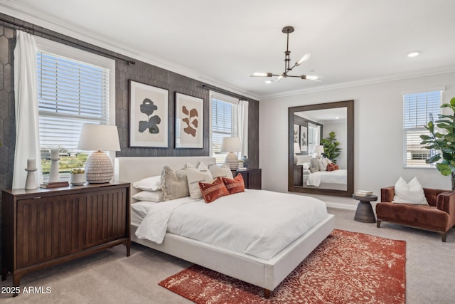 bedroom with multiple windows, a notable chandelier, light colored carpet, and ornamental molding