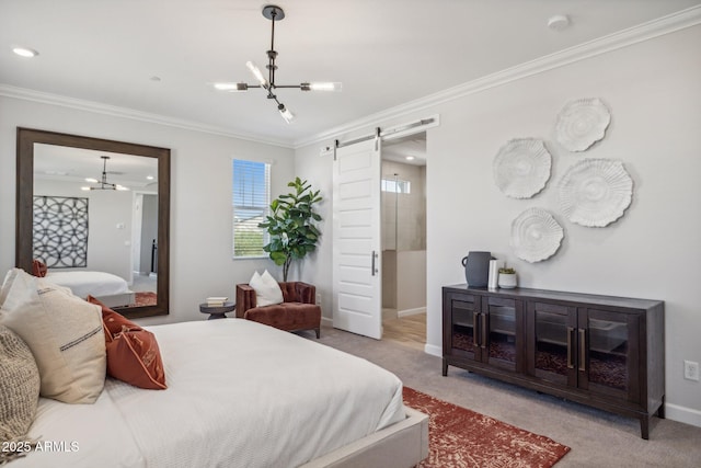 bedroom with light colored carpet, ornamental molding, a barn door, and a chandelier