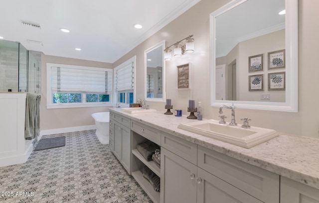 bathroom featuring vanity, crown molding, and plus walk in shower