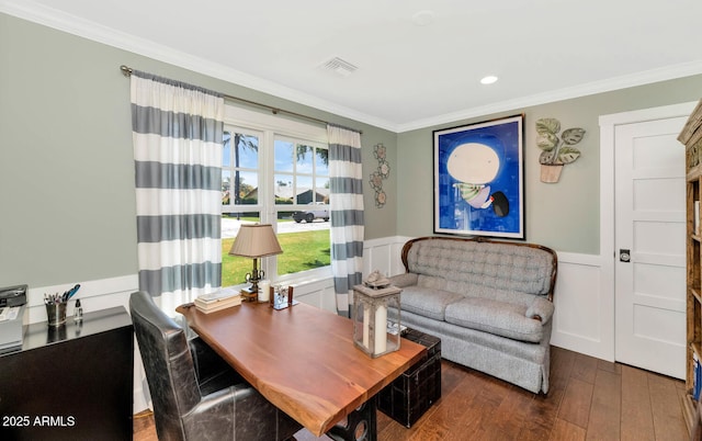 office with dark hardwood / wood-style flooring and crown molding