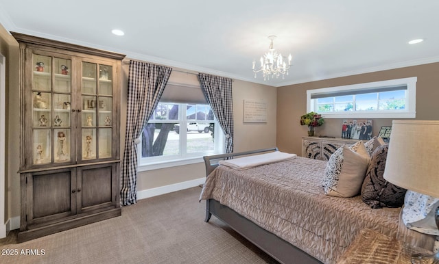 bedroom with light colored carpet, ornamental molding, a chandelier, and multiple windows