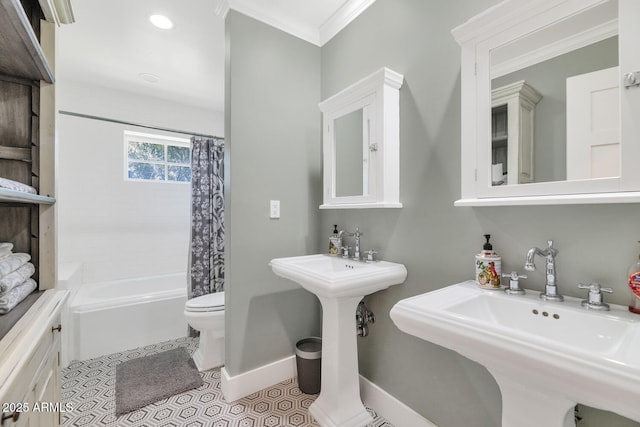 full bathroom with toilet, shower / tub combo with curtain, tile patterned floors, ornamental molding, and sink