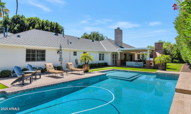 view of swimming pool featuring an outdoor living space, ceiling fan, and a patio