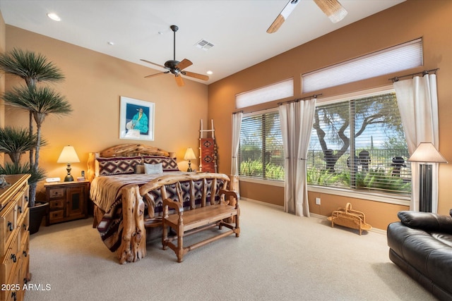 41910 N Long Cove Way, Anthem, AZ 85086 - bedroom with ceiling fan, light colored carpet, visible vents, recessed lighting, and baseboards