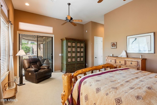 41910 N Long Cove Way, Anthem, AZ 85086 - bedroom with access to outside, baseboards, recessed lighting, carpet floors, and ceiling fan