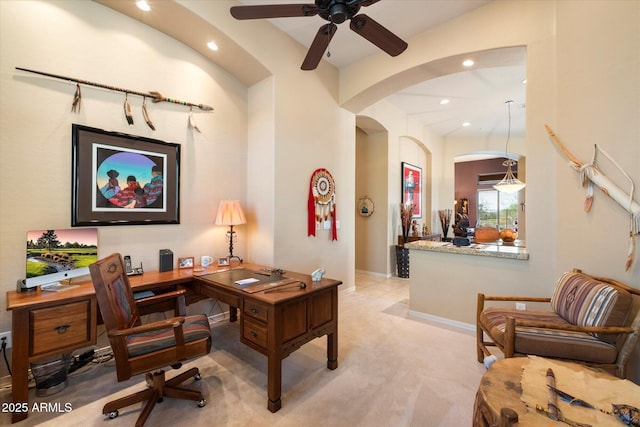 41910 N Long Cove Way, Anthem, AZ 85086 - office space with ceiling fan, arched walkways, light colored carpet, recessed lighting, and baseboards
