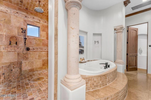 full bathroom featuring crown molding, tiled shower, decorative columns, and a garden tub