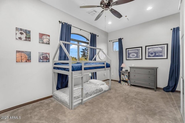 bedroom featuring baseboards, recessed lighting, carpet flooring, visible vents, and ceiling fan
