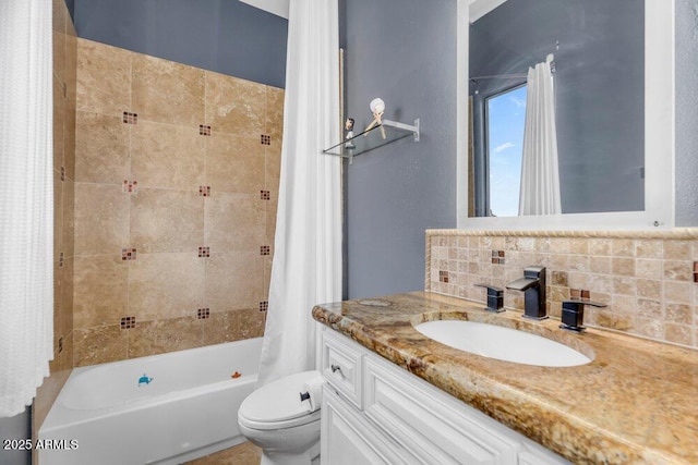 full bath featuring toilet, vanity, shower / bath combination with curtain, and decorative backsplash