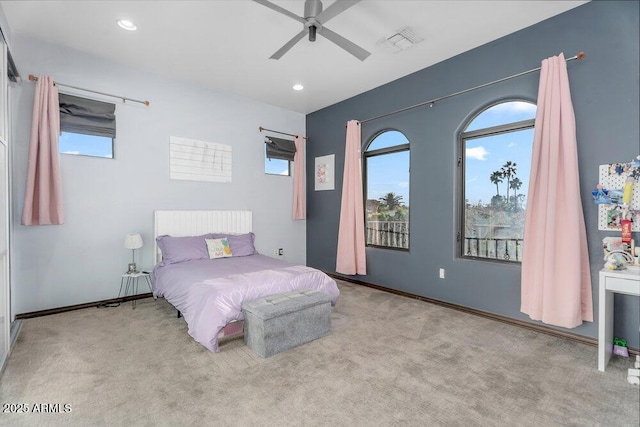 bedroom featuring visible vents, a ceiling fan, carpet flooring, and recessed lighting