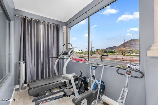 workout room with wood finished floors
