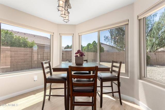 dining room featuring light wood-style flooring and baseboards