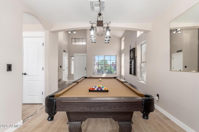 game room featuring wood finished floors, baseboards, a chandelier, billiards, and lofted ceiling