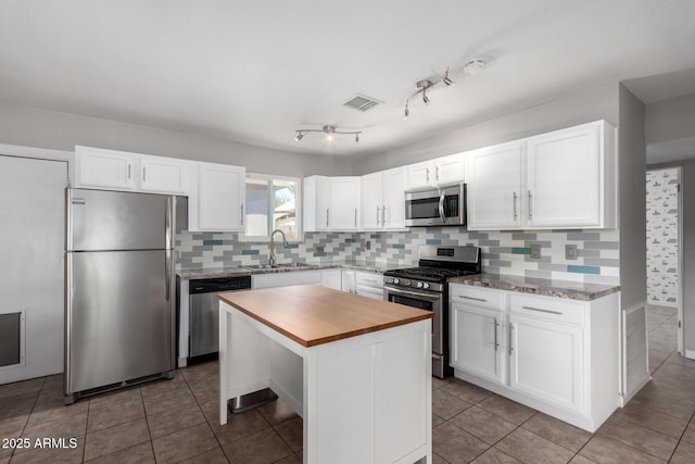 kitchen with sink, appliances with stainless steel finishes, white cabinetry, a center island, and tasteful backsplash