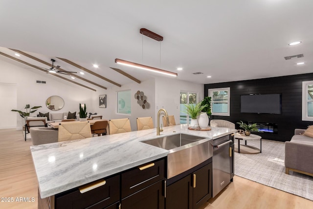 720 E Chilton Dr, Tempe, AZ 85283 - kitchen featuring open floor plan, dishwasher, light wood finished floors, light stone counters, and recessed lighting