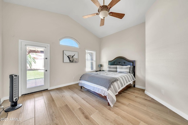 18644 N 21st St, Phoenix, AZ 85024 - bedroom with light wood-style floors, vaulted ceiling, access to outside, ceiling fan, and baseboards