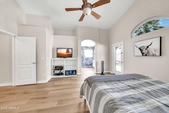18644 N 21st St, Phoenix, AZ 85024 - bedroom featuring high vaulted ceiling, light wood-type flooring, baseboards, a ceiling fan, and ensuite bathroom
