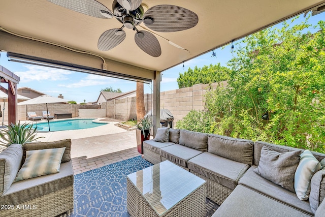 18644 N 21st St, Phoenix, AZ 85024 - fenced backyard with an outdoor living space, a patio, and ceiling fan