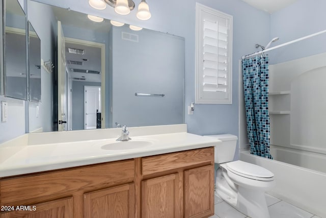 full bathroom with vanity, tile patterned flooring, shower / bathtub combination with curtain, and toilet