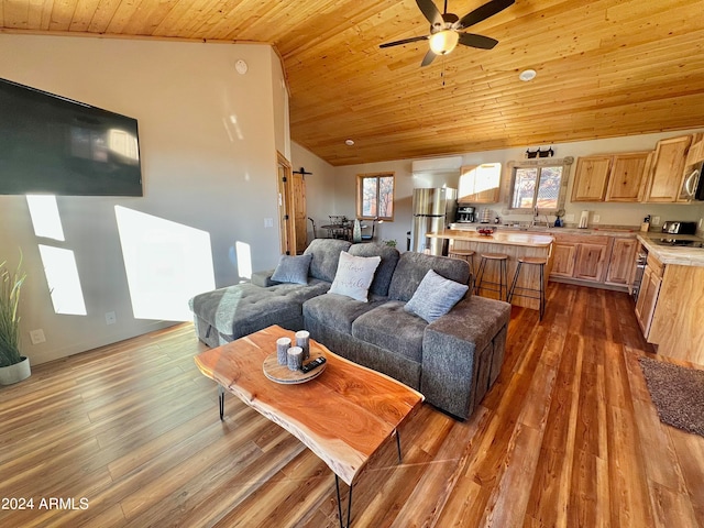 living room with dark hardwood / wood-style floors, wood ceiling, ceiling fan, and sink