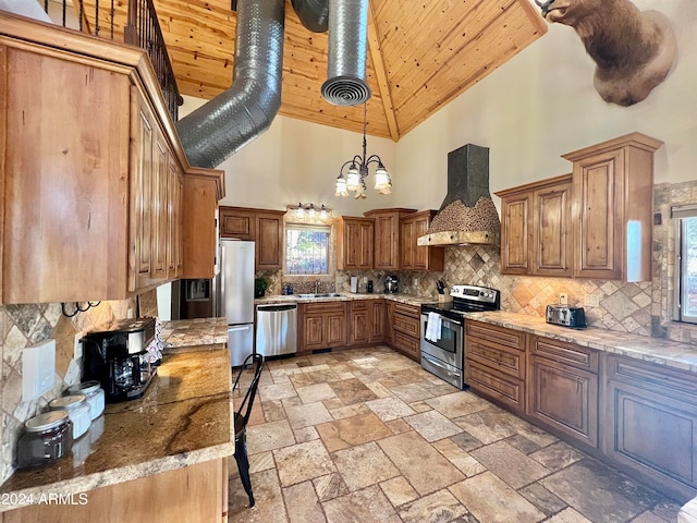 kitchen featuring light tile flooring, stainless steel appliances, custom exhaust hood, high vaulted ceiling, and wood ceiling